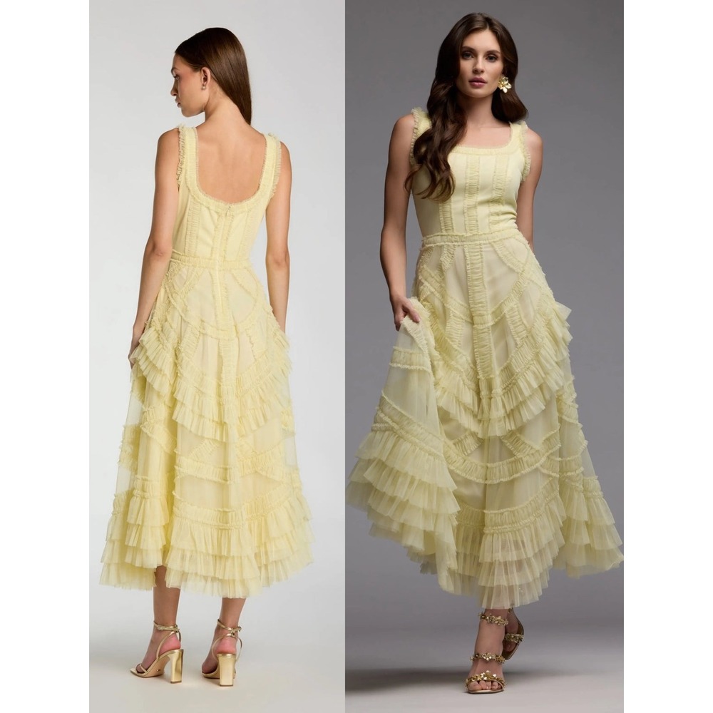 Mac Duggal Yellow Scoop Neck Sleeveless Micro Ruffle Midi‎ Dress $598 Size 4